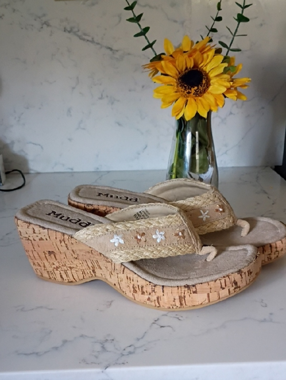 Mudd Beige Wedge Sandals with Floral Embroidery